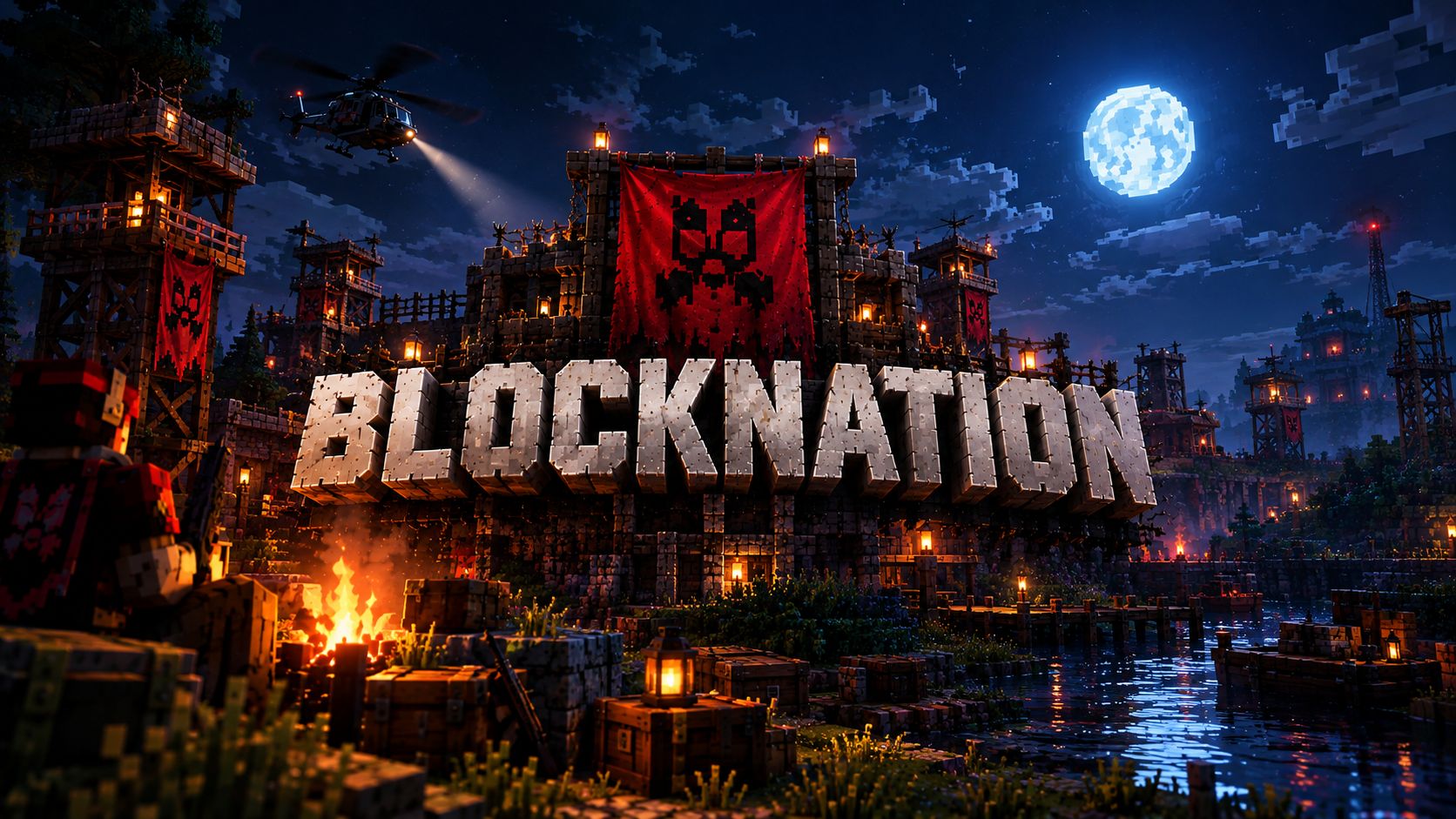 BlockNation key art: a helicopter sweeps its searchlight over a base at night under a blocky moon, the red skull banner hangs above the name, and a player sits at a campfire